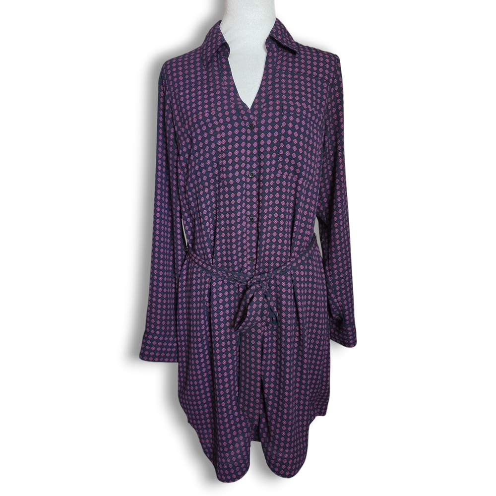 Express Patterned Button Up Belted Mini Dress - Size Medium